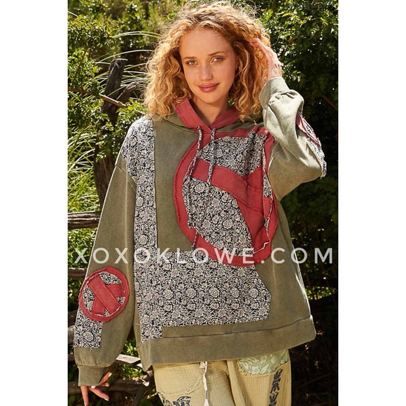 POL Olive French Terry Hoodie | Vintage Wash Peace & Floral Patchwork - Picture 3 of 10